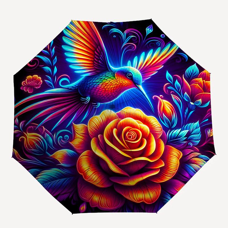 1pc Colorful Hummingbird Floral Illustration Umbrella with Plastic Handle,Suitable for All Seasons Home Travel Outdoor UmbrellaB1642