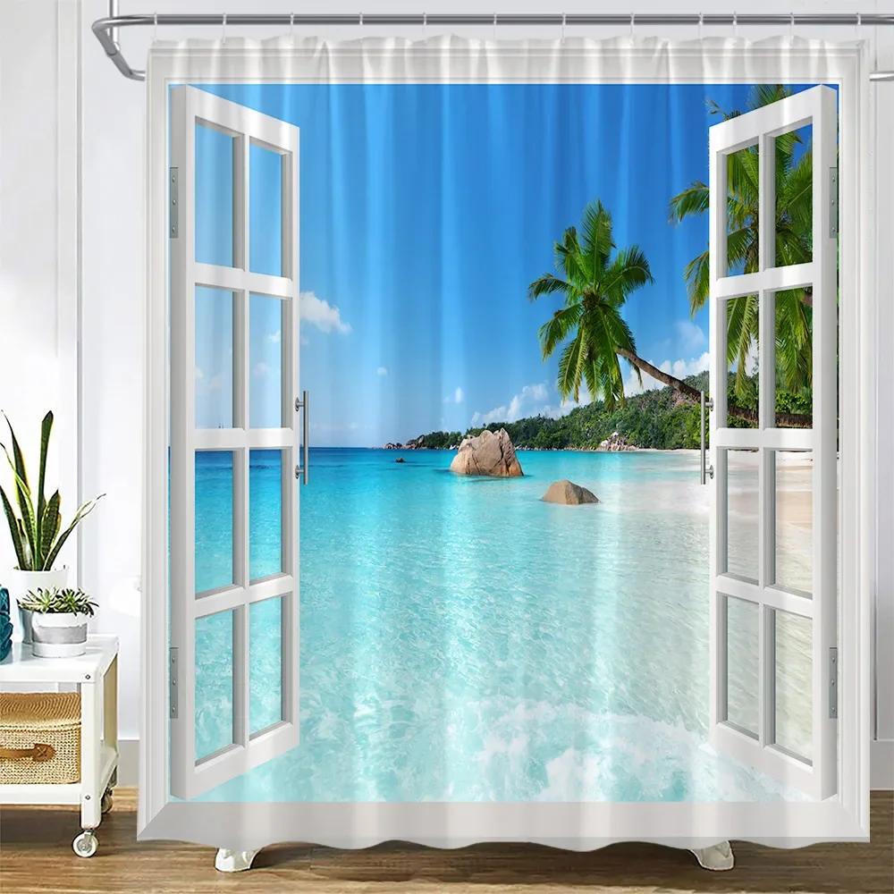 Dusk Sea Wave Beach Shower Curtains Creative Splicing Starfish Sailboat Blue Wooden Board Landscape Home Decor Bathroom Curtain