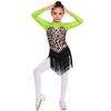 Children’s Latin Dance Competition Dress Leopard Print Fringe Long Sleeve Keyhole Back Mesh Patchwork Sparkling Rhinestone Tassel