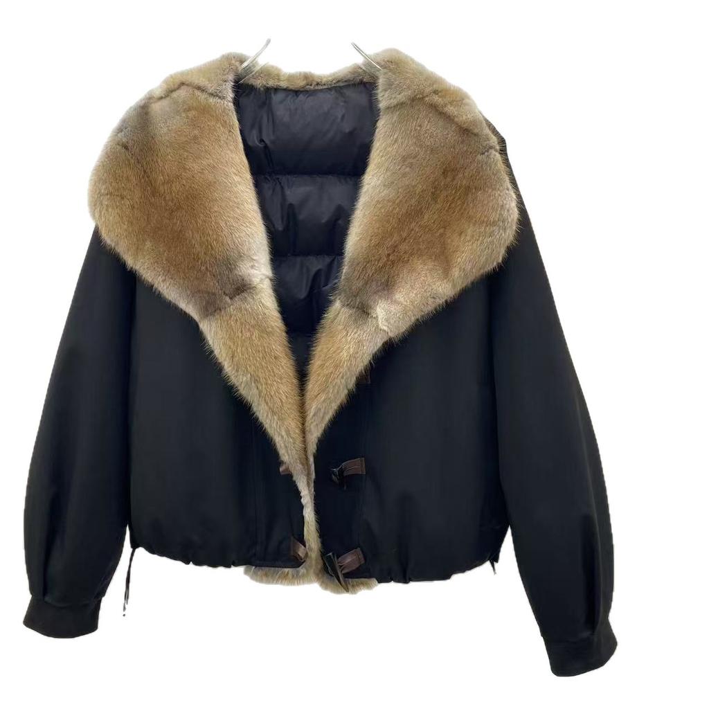 New winter mink fur collar down jacket short loose thickened pie overcome green root mink fur goose down jacket