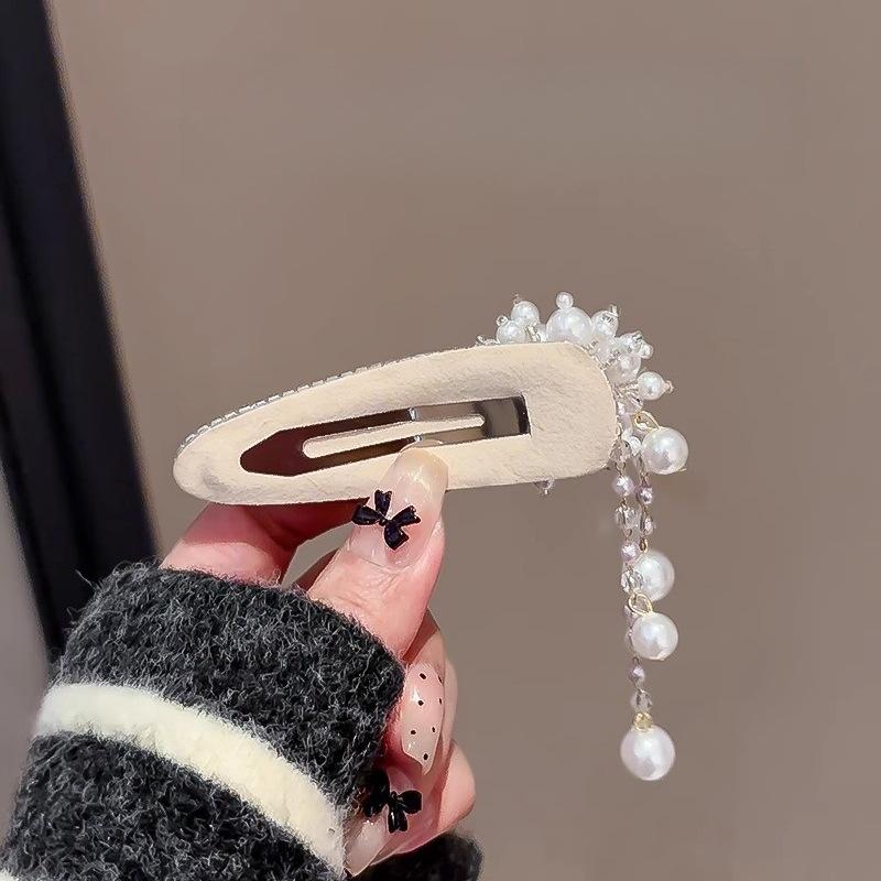 Light luxury French crystal hairpin women's new temperament pearl tassel bb clip bangs broken hair clip national style hairpin
