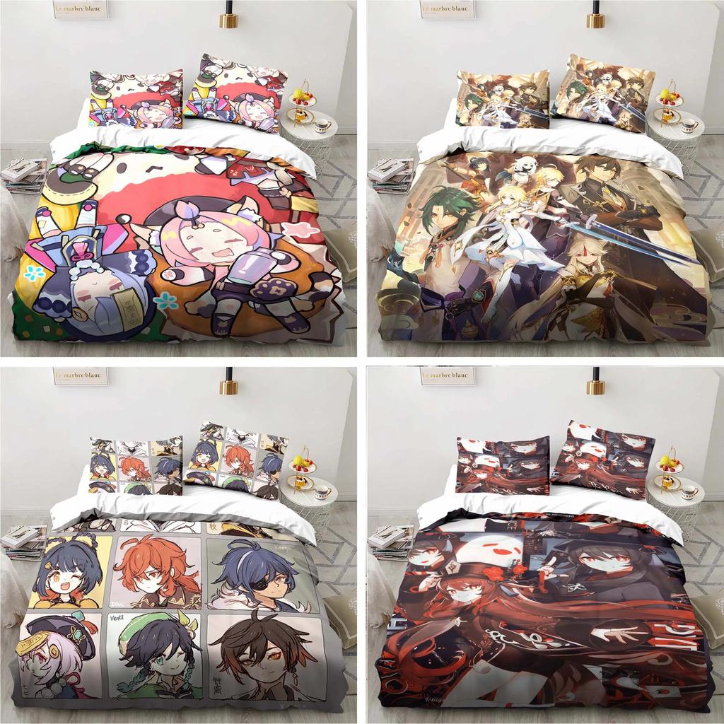 Cartoon Anime Genshin Impact Game Bedding Set For Bedroom Bedspreads For Bed Linen Comefortable Duvet Cover Quilt And Pillowcase