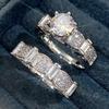 Gorgeous Silver Color Inlaid with White Stone Rings Set  Round Party Engagement Wedding Rings for Women Jewelry