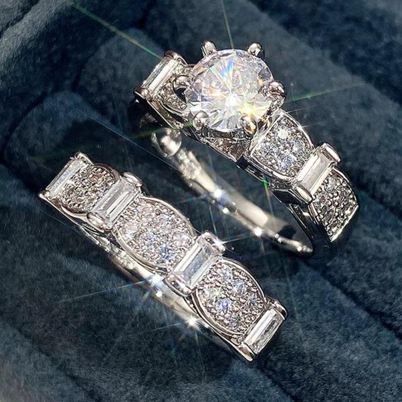 Gorgeous Silver Color Inlaid with White Stone Rings Set  Round Party Engagement Wedding Rings for Women Jewelry