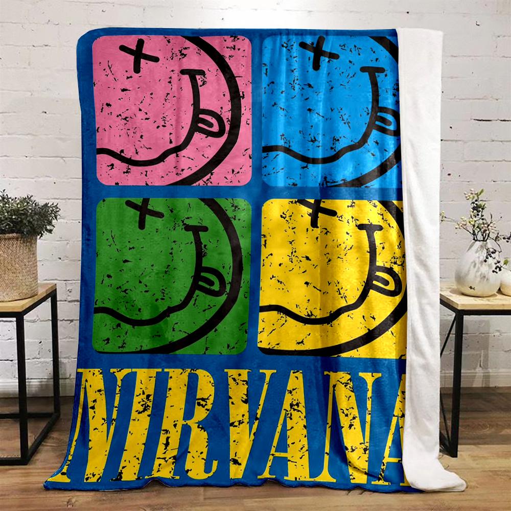 Colorful Nirvana smiley face design printed Flannel blanket for bedroom, living room, sofa, and nap