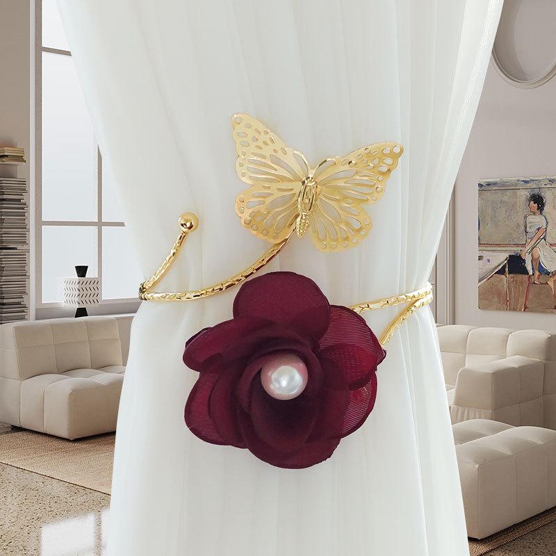 2pcs Three-dimensional Butterfly Flower Pearl Curtain Hooks Without Holes for Bedroom and Living Room Soft Decoration Curtain Ties