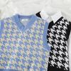 Early Autumn Korean Version New Loose Bird Checker V-Neck Sleeveless Vest Knit Tank Top Pullover Sweater Women's Wear