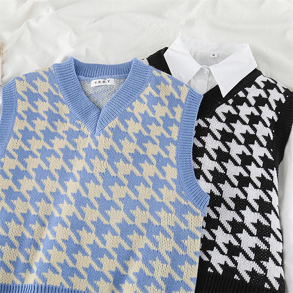 Early Autumn Korean Version New Loose Bird Checker V-Neck Sleeveless Vest Knit Tank Top Pullover Sweater Women's Wear