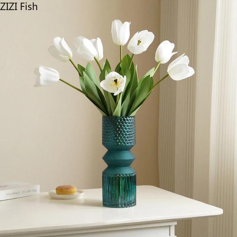 Green Relief Glass Vase Hydroponics Flower Pots Desk Decoration Flowers Arrangement Crafts Floral Vases Room Aesthetic Decor