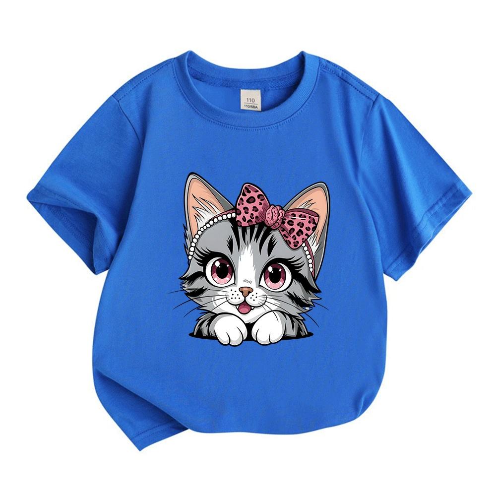 Kids Boys Girls 100% Cotton Short Sleeve Crew Neck T-Shirt, Cute Pink Bow Leopard Print Gray Tabby Cat Graphic Casual Soft Tee for Children Daily Wear
