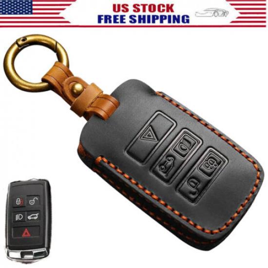 Black Leather Car Key Fob Case Cover Holder For Land Rover Defender Jaguar NEW