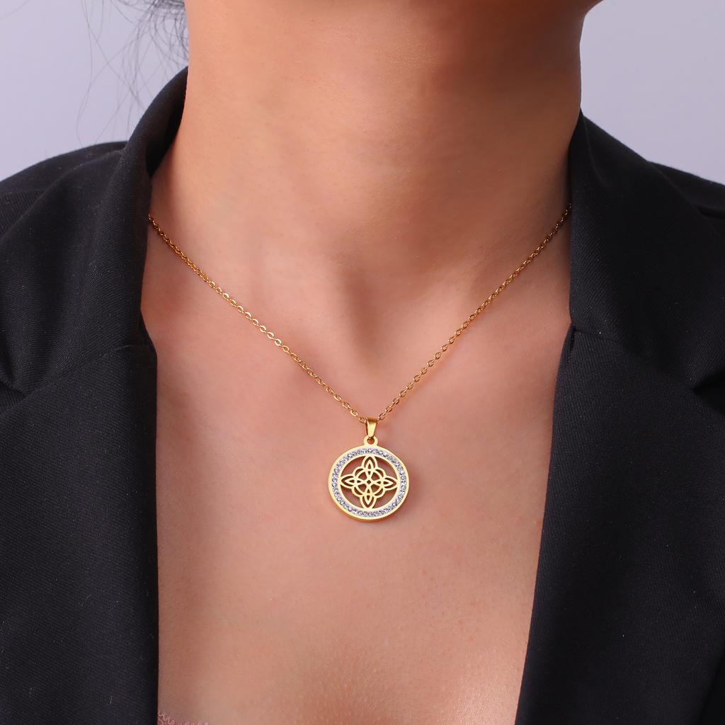 Double Layer Titanium Steel Miko Knot Pendant Necklace with Circle Diamond Accents Simple Fashion Jewelry