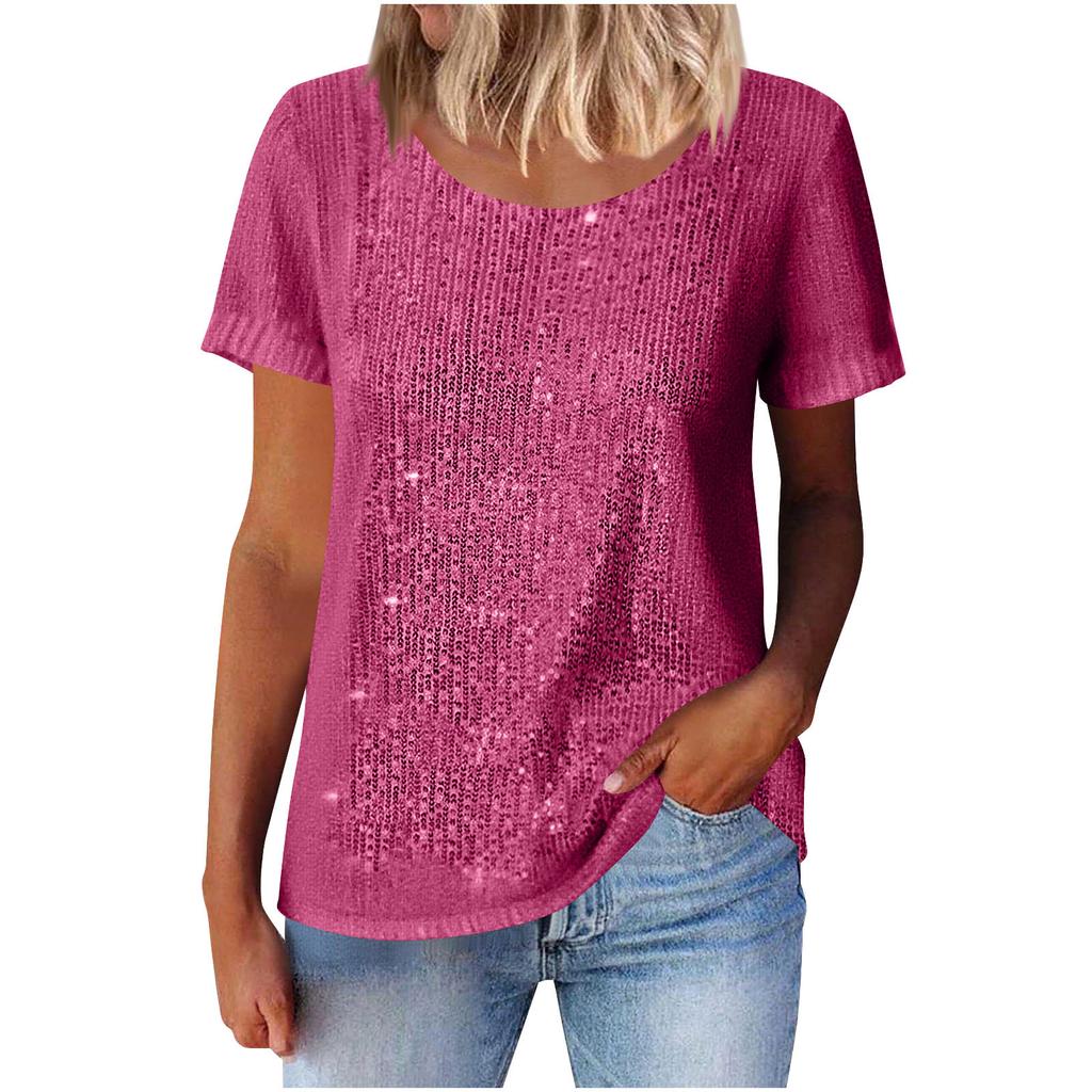 Women Multi Color Round Neck Short Sleeve Glitter Sparkle Casual Top
