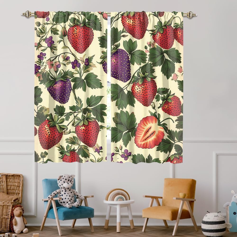 Cartoon Strawberries Curtains Bedroom,Vintage Tropical Fruit Strawberries Pattern Thermal Insulated Darkening Pocket Curtains