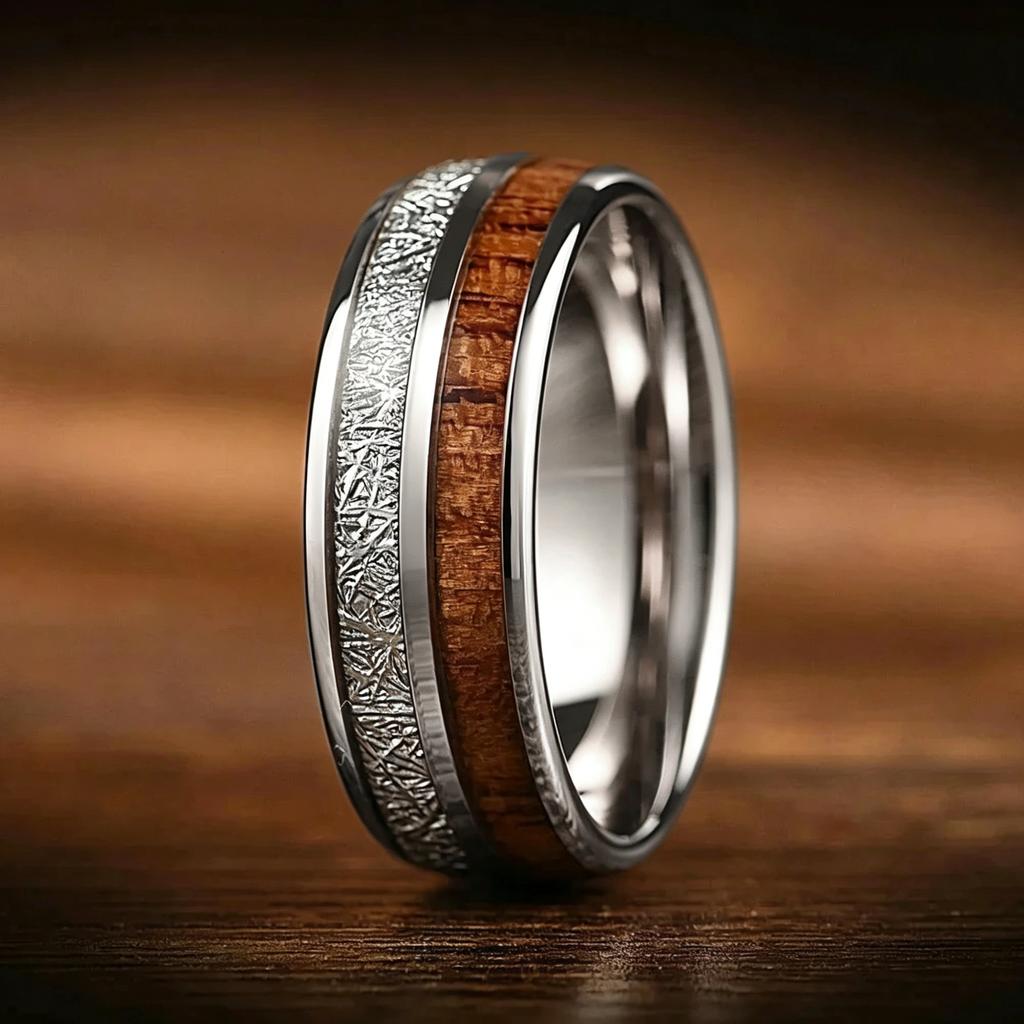 Luxury Red Opal & Meteorite Inlay Rings for Men Women, Fashion 8mm CopperColor Men Stainless Steel Rings, Wedding Band Jewelry