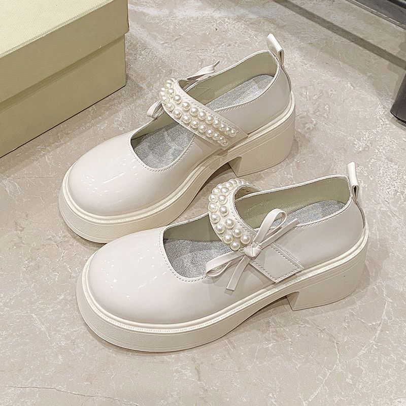 2025 New Retro Spring Sweet Korean Skirt Mary Jane Shoes Women's French Fairy Pearl Platform Single Shoes Leather Shoes
