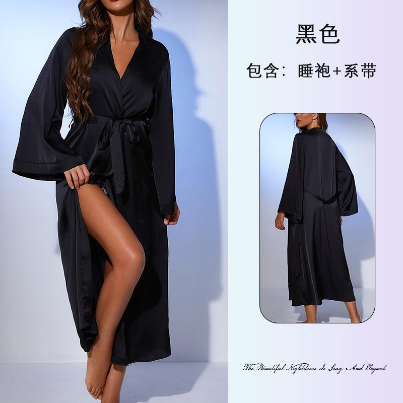 Loose long strappy satin nightgown sexy leopard print large size bathrobe multi-color loungewear women S