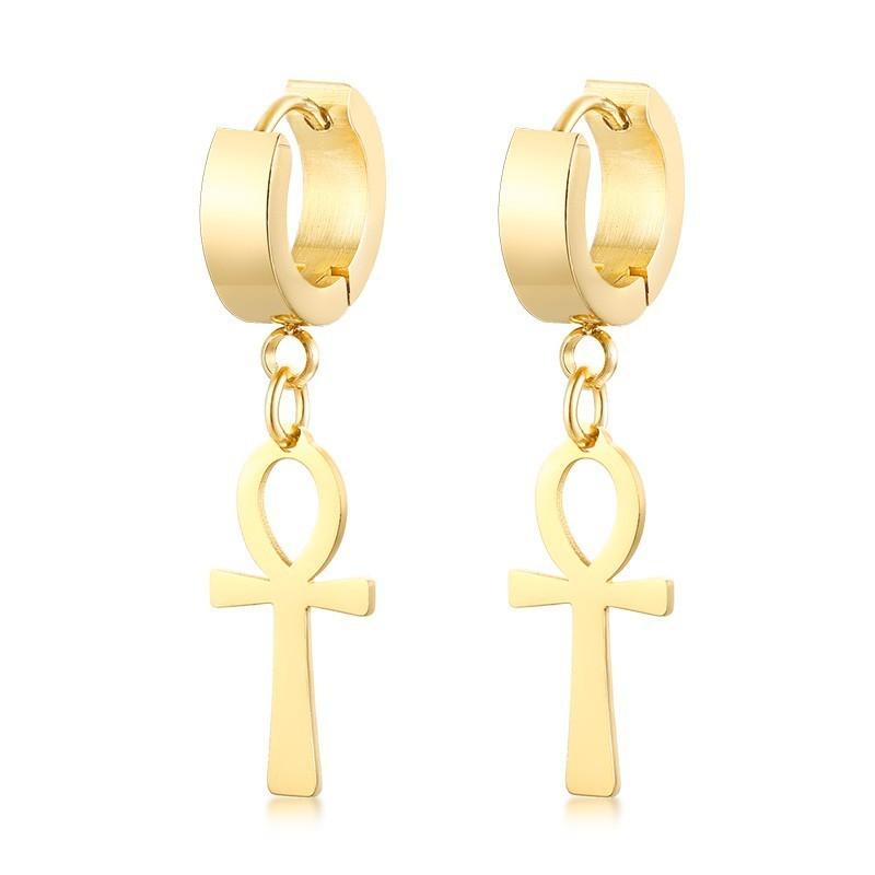 Drop Cross Earring Mens Egyptian Ankh Michael Hang Dangle Earrings Black Stainless Steel Male Punk Jewelry
