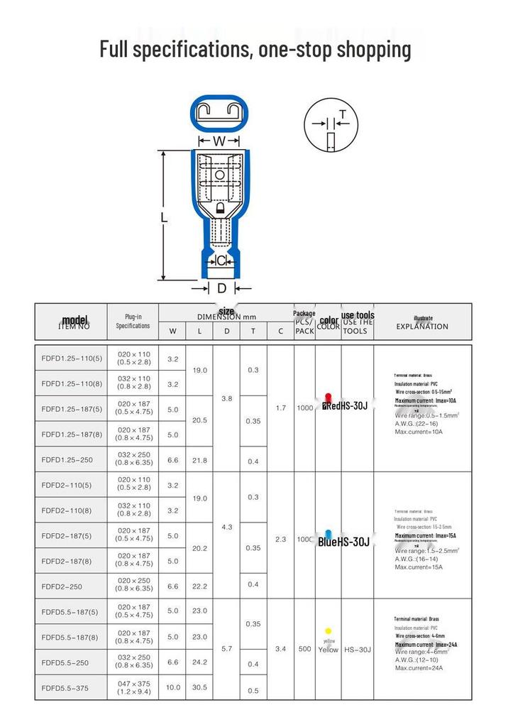 KT Keshitong FDFD2-110-187-250 Fully Insulated Female Crimp Connector Terminals (1000 Pcs)