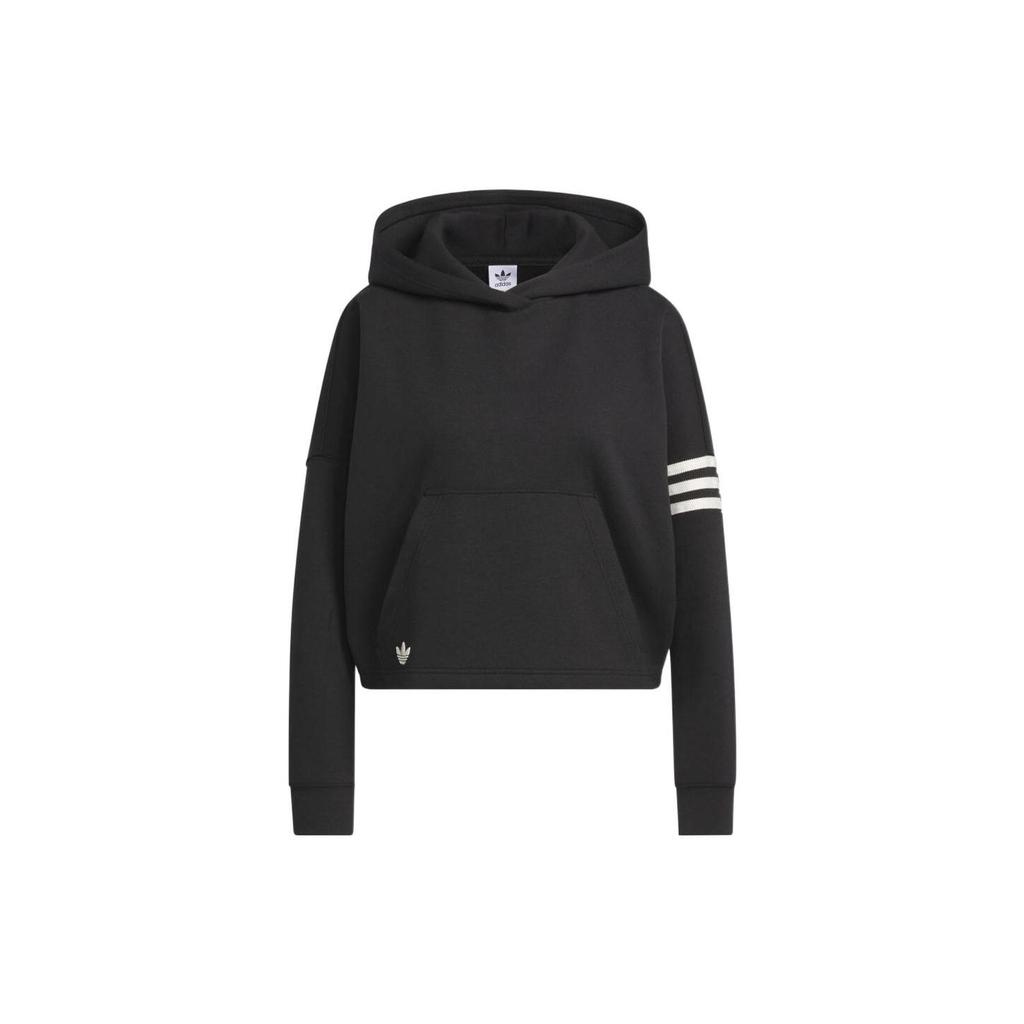 adidas Originals Campus 00s Trefoil Stripe Print Cropped Hoodie Women Tops Black IB5922