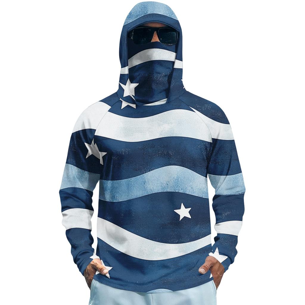 Men's Long Sleeve Quick Dry Hoodie Shirt with Flag Print Lightweight UV Protection Fishing Fitness Sports Top for Outdoor Activities