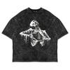 Skeleton Print Washed and Worn Short Sleeved T-shirt, Loose Fit, Unisex, Trendy Brand Style, Daily Casual, Versatile Top for Outdoor Wear