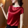 Acetic acid fabric satin top fashion bottoming shirt women's spring and summer silky foreign style with skirt shoulder bag short sleeve t-shirt