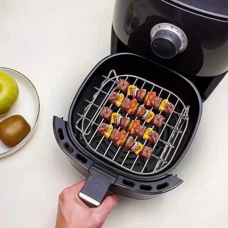 8 Inch Outdoor Grill Set with Skewers Square Air Fryer Grill Steamer Stainless Steel Barbecue Bracket BBQ Air Fryer Accessories