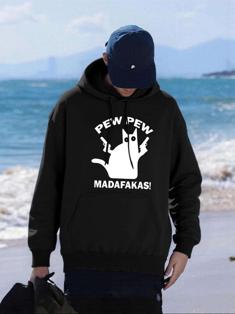 Pew Pew Madafakas Cat Holding A Gun Printed Men Hoodies Loose Loose Hoody Autumn Fleece Streetwear All-Match Pocket Pullovers