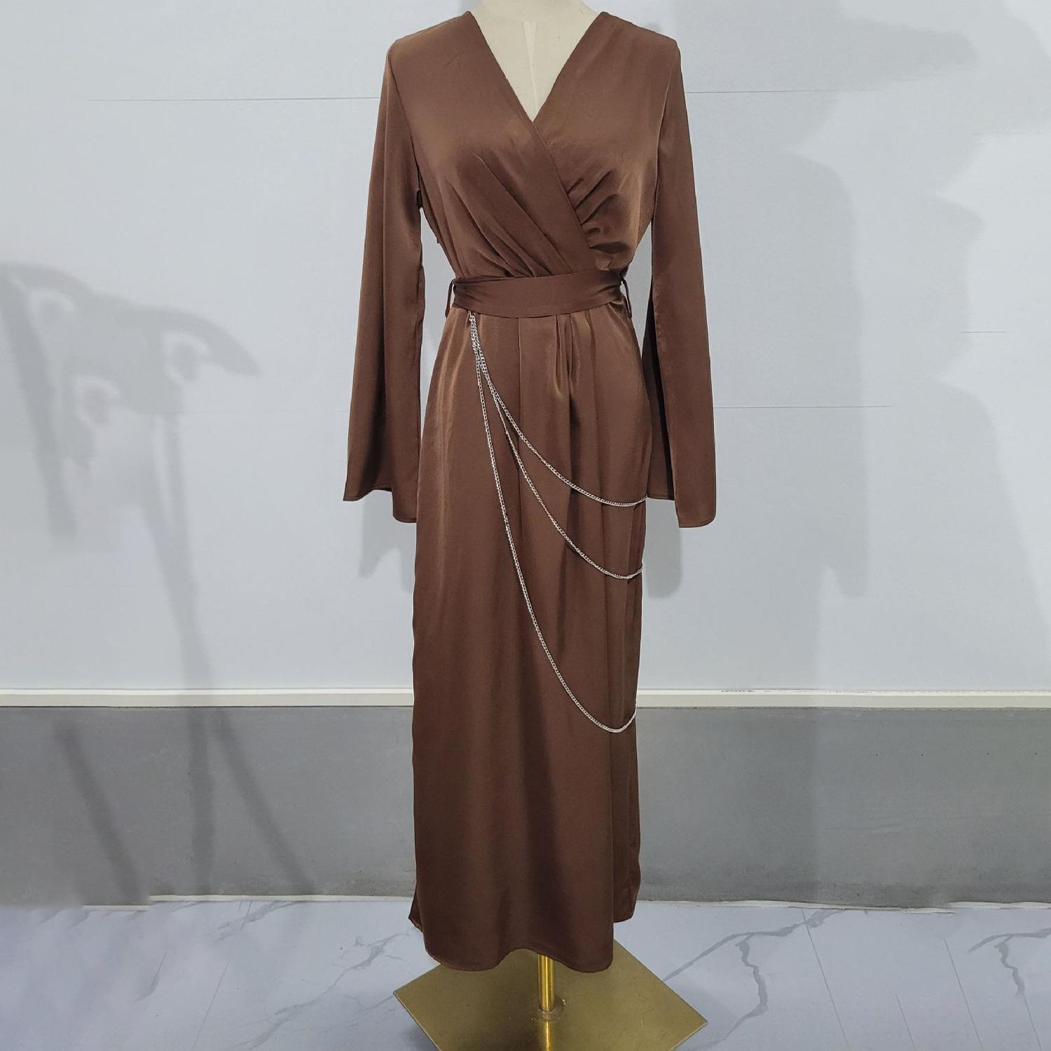 

Осеннее женское модное сплошное длинное платье, элегантное платье с длинным рукавом и v-образным вырезом на талии S коричневый