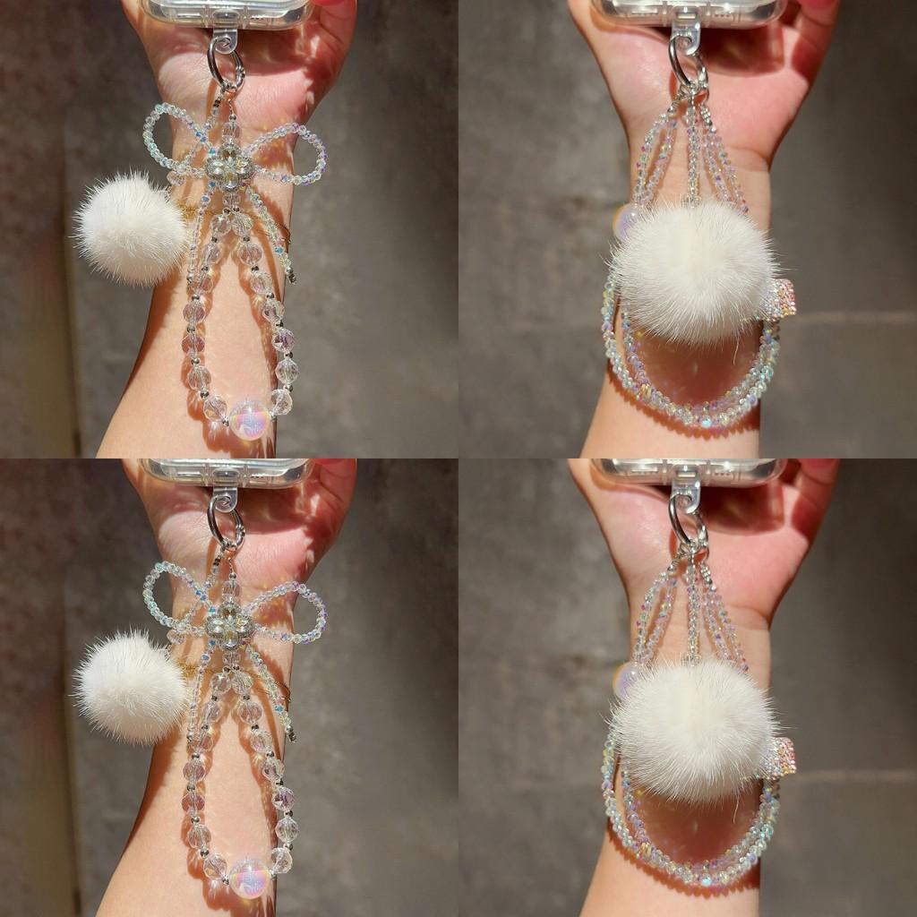 Bow Round Ball Plush Phone Chain With Keychain Attachment For Ladies Fashion Accessory