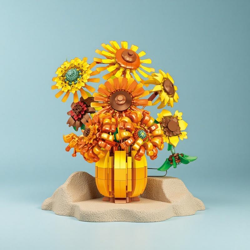 Building Blocks Rose Bouquet and Sunflower Vase Model