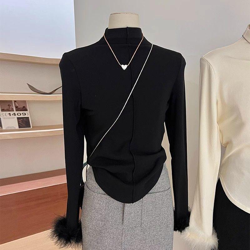 

Женская приталенная рубашка с длинным рукавом из меха с начесом на осень/зиму L (50-57.5 kg) чёрный