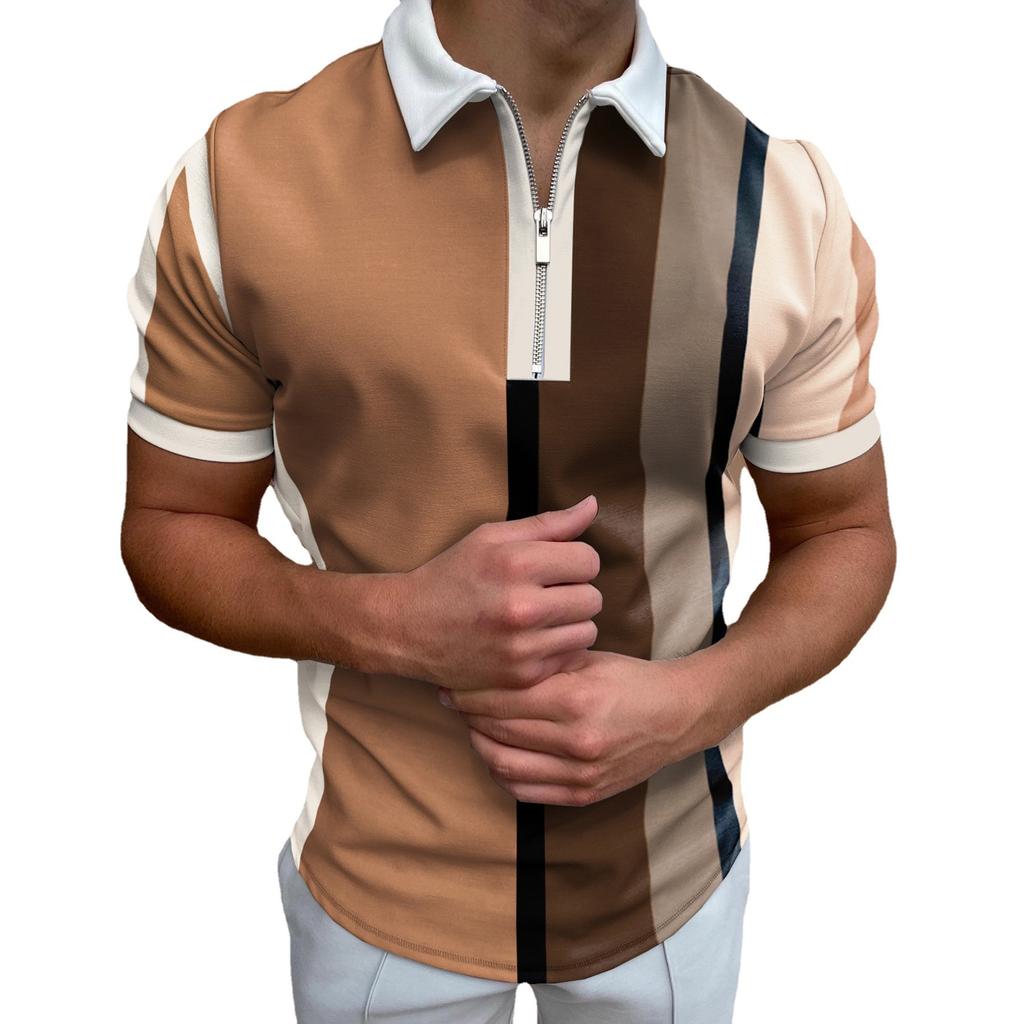 Men'S Polo Shirt Men'S Casual Short Sleeve Lapel T-Shirt 3D Printed Short Sleeve Zipper Polo