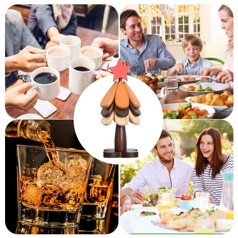 Christmas Tree-shaped Coasters Kitchen Wooden Anti-scalding Mat Set Natural Stackable Wooden Tree-shaped Coasters