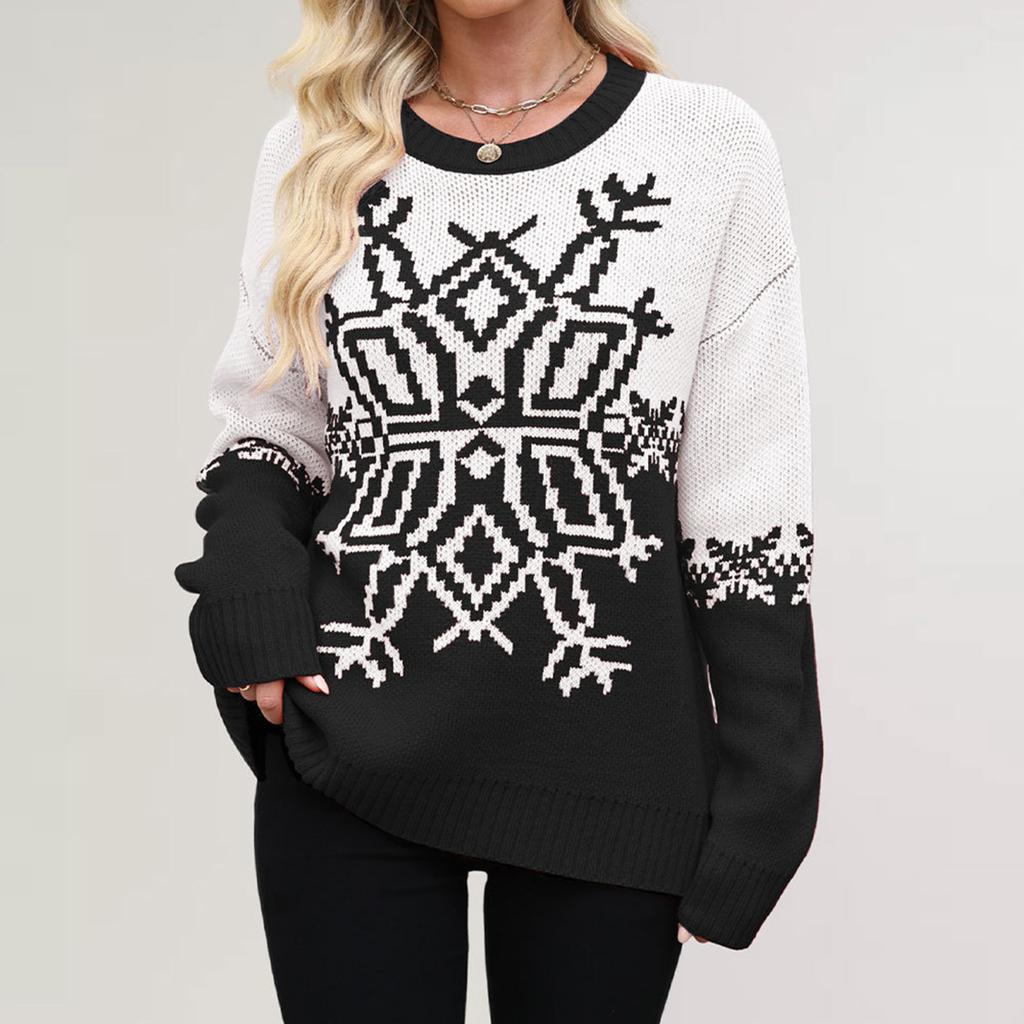 Women's Fashionable Round Neck Long Sleeved Christmas Snowflake Sweater Casual Pullover Knitted Sweater Top