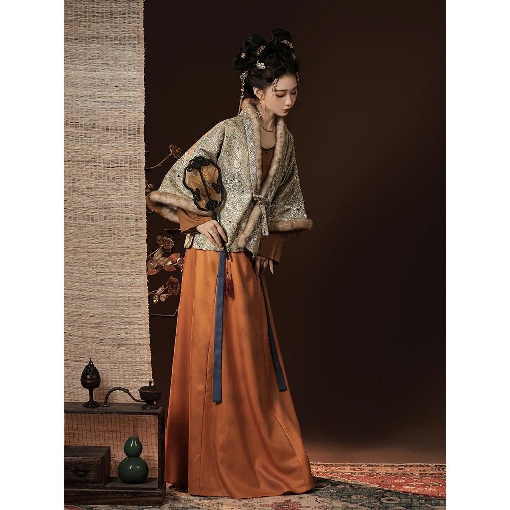Hanfu-Anzug für Damen im chinesischen Stil, Restaurierung imitiert Brokat der Song-Dynastie, Tang-Hose und hüftlange einteilige Rock-Kombination