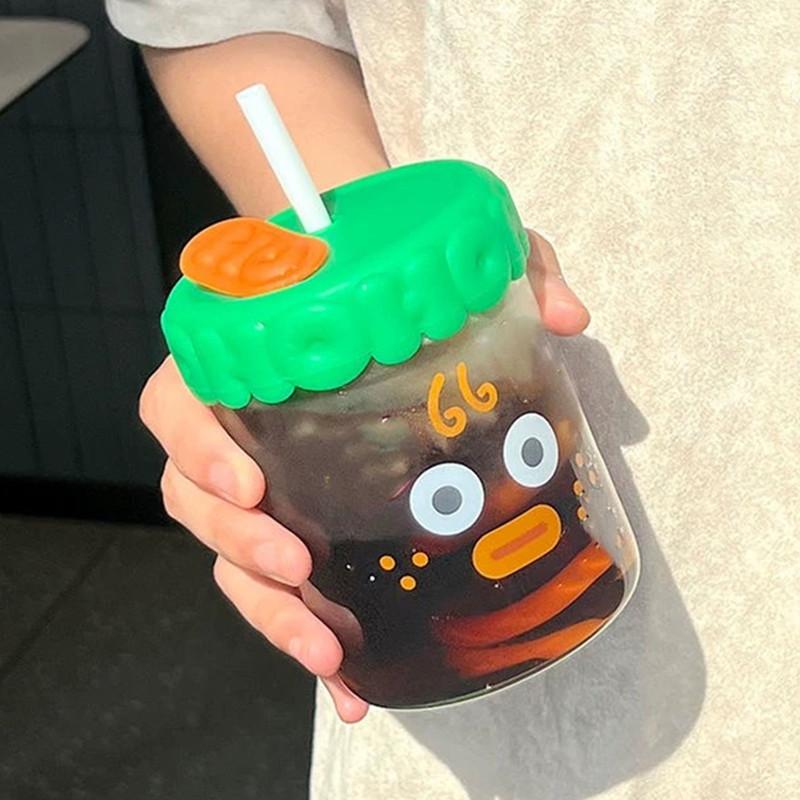 380ml/520ml Cute Expression Glass Water Bottle With Straw Portable Adult Student Coffee Milk Juice Drinking Bottles