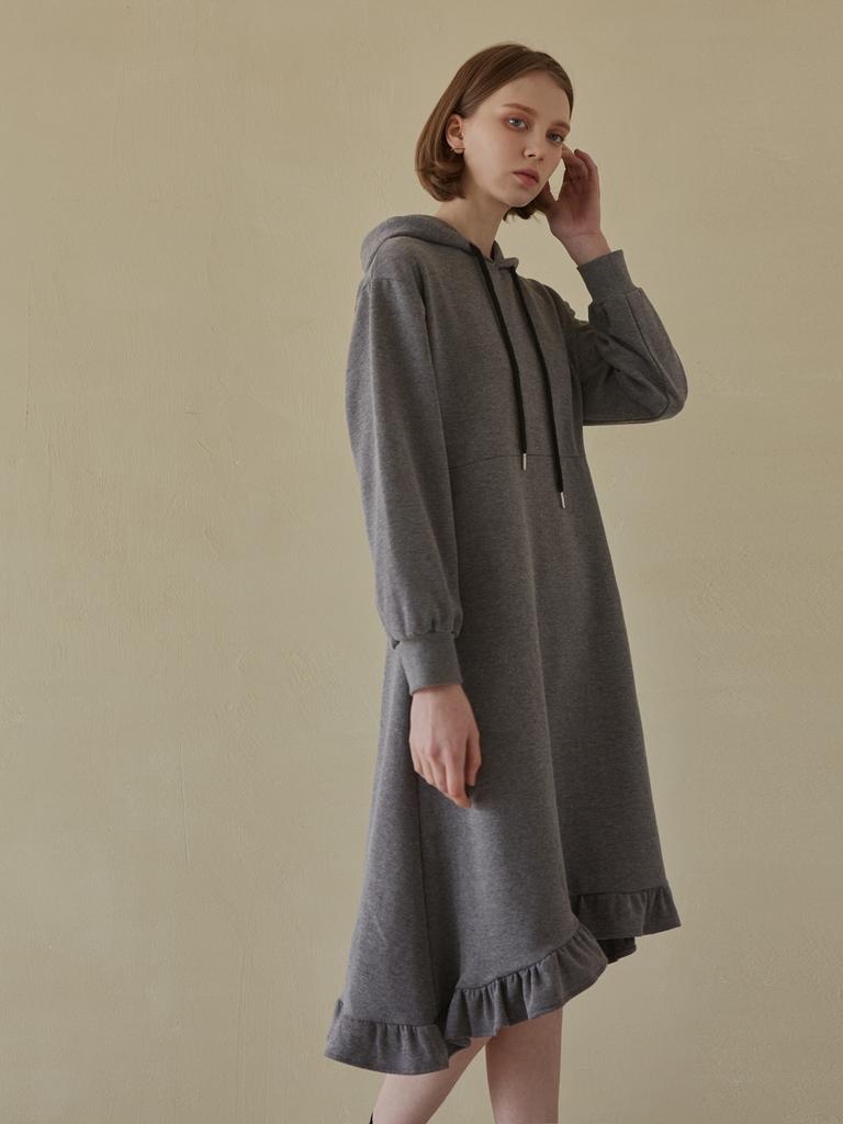 AVANT-G Hooded Frill Long Dress - Charcoal (Brushed Version)