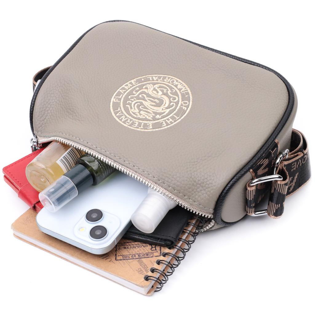 Beautiful Women's Bag with Embroidery On the Front Side Made of Genuine Leather Vintage 22626 Gray