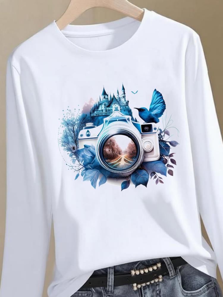(Asian Size) Trend Lovely Style Graphic Tee Women Autumn Winter Spring Casual Fashion Top O-neck Clothing Print T Shirt Long Sleeve T-shirts