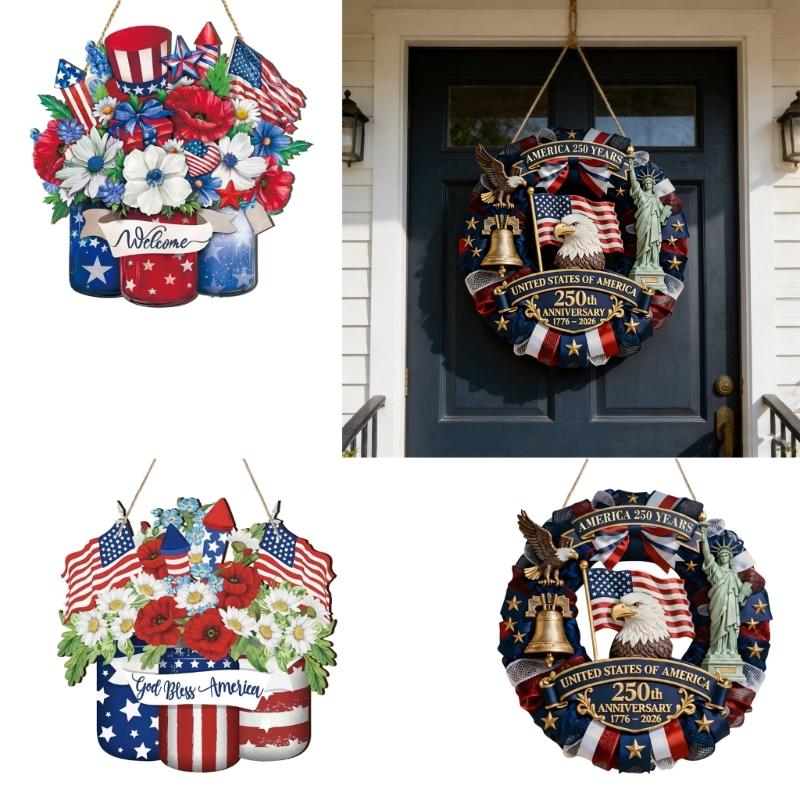 Patriotics Door Decoration Sign 4th of July Wreath for Front Door Hanger Memorial Day Wooden Hanging Sign Wood Plaque