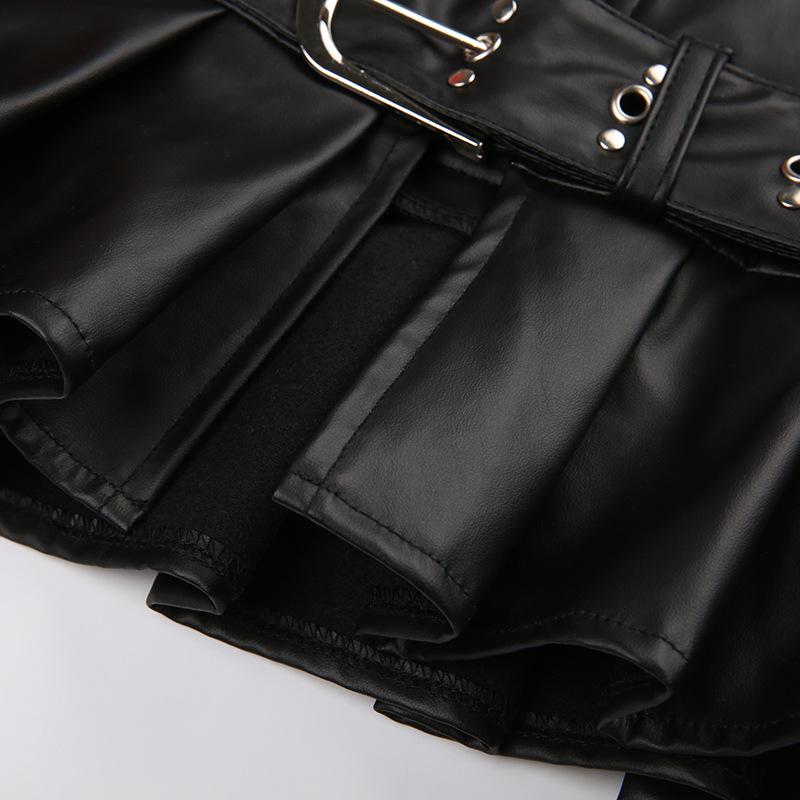 Women's Spice Girls Studded Belt Split Fashion Street Sexy Low Waist A-Line Leather Pleated Skirt