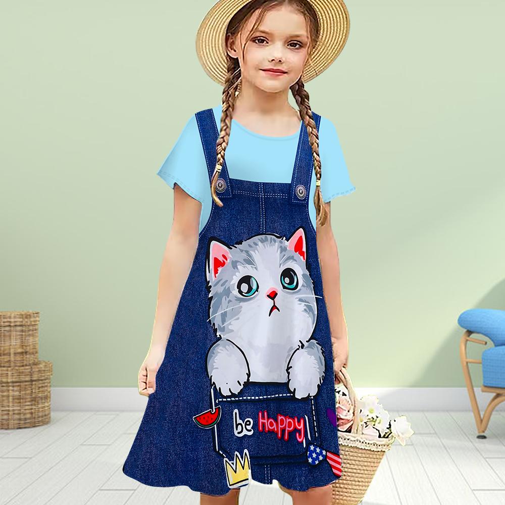 

Платья для девочек с 3D-принтом на поддельных бретельках и принтом кошек, детское платье для девочек с короткими рукавами и принтом принцессы в виде 3D-платья 80 синий