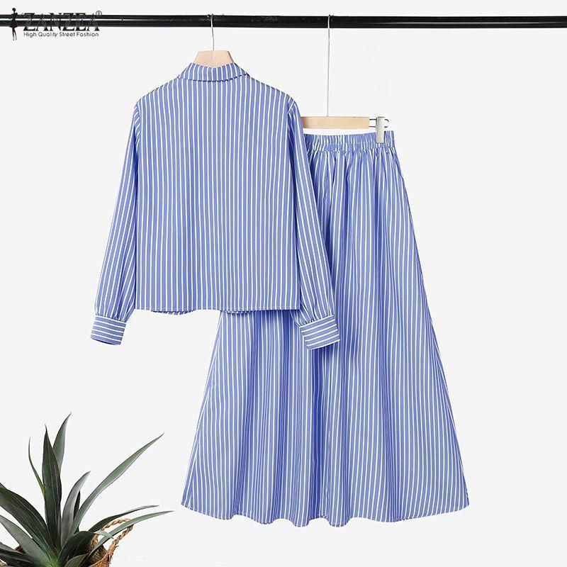 ZANZEA Women Casual Long Sleeve Blouse and Long Skirts Stripe Print Two Piece Suit Sets