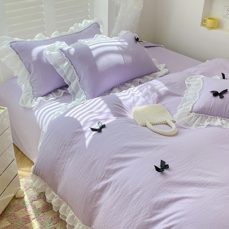Franse Ins Prinses Stijl Kant Vierdelig Set Gewassen Katoen Geborduurd Dekbedovertrek Set Strik Meisjeshart Laken Driedelig 150X200cm 3pcs