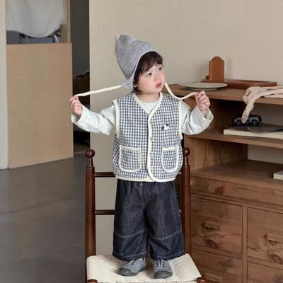 Kinder karierte Weste Jacke Baby Frühling 2026 neue Kinder Frühjahrskleidung Jungen Jeans Anzug
