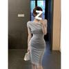 Off-the-Shoulder Sexy Bodycon Summer Dress: Midi Length, Waist-Cinching, Short-Sleeved, Hip-Hugging Design