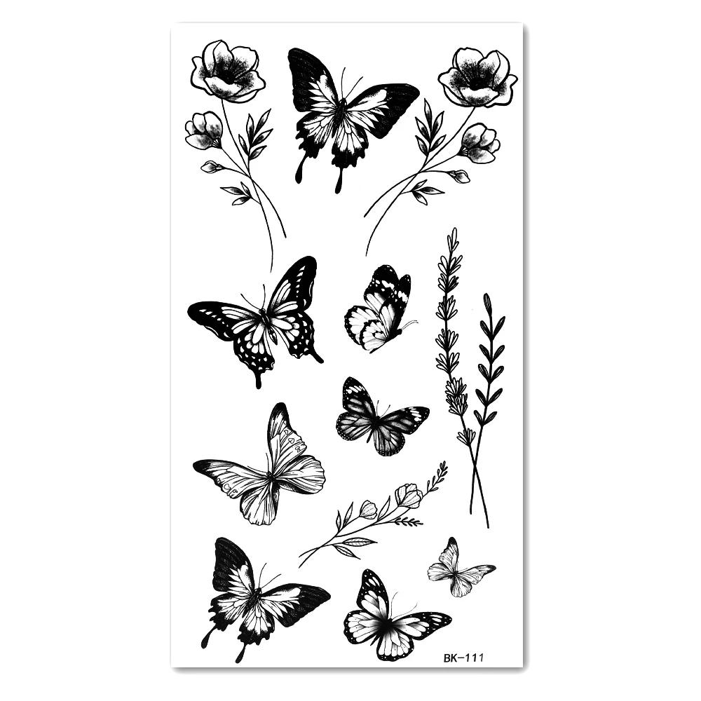 

1/6pcs Black Butterfly Fake Tattoo Waterproof Temporary Tattoo Stickers Leg Arm Hand Foot Body Arts Magic Flower Texture Sticker