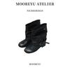 Cowhide version~ Western cowboy boots women's pleated stacking boots black round head retro leather boots thick heel knight boots